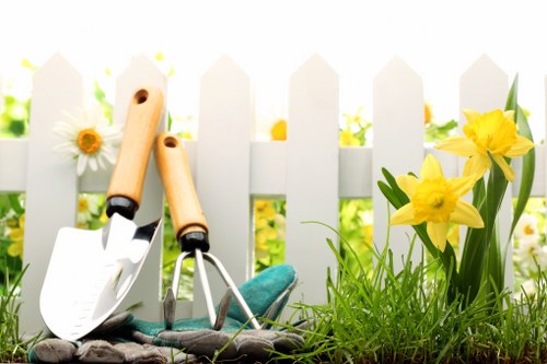 Safety gear and tools arranged for landscaping work